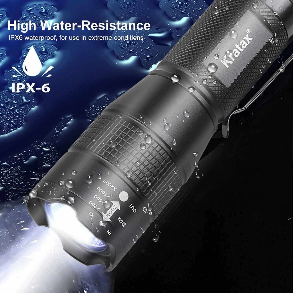 Small and extremely zoomable LED tactical handheld flashlight with IPX6 water resistance and durable aluminum alloy body