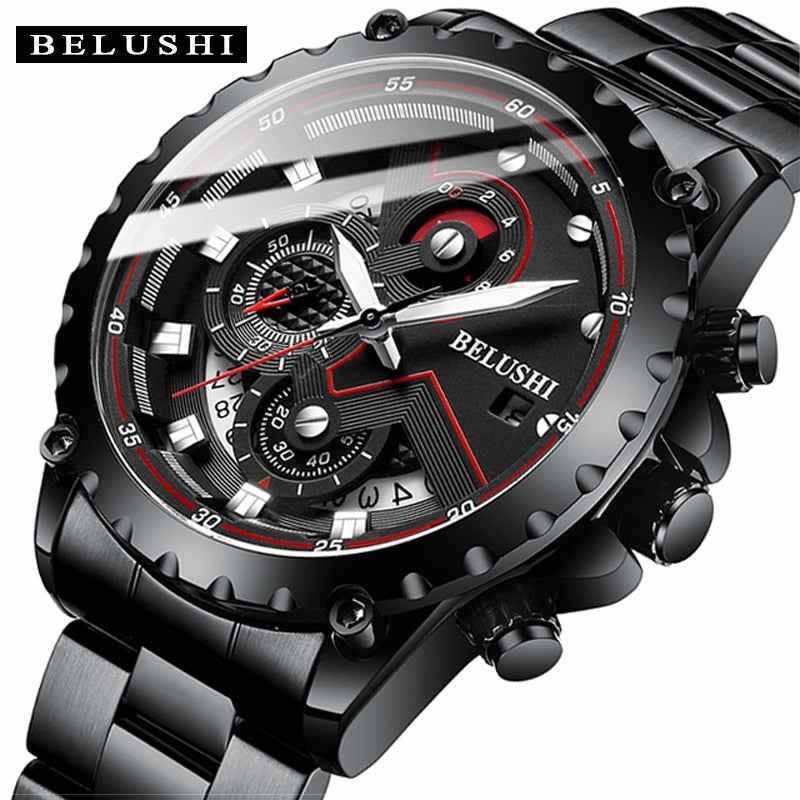 Mens Watches BELUSHI luxury chronograph waterproof black stainless steel quartz watch for men