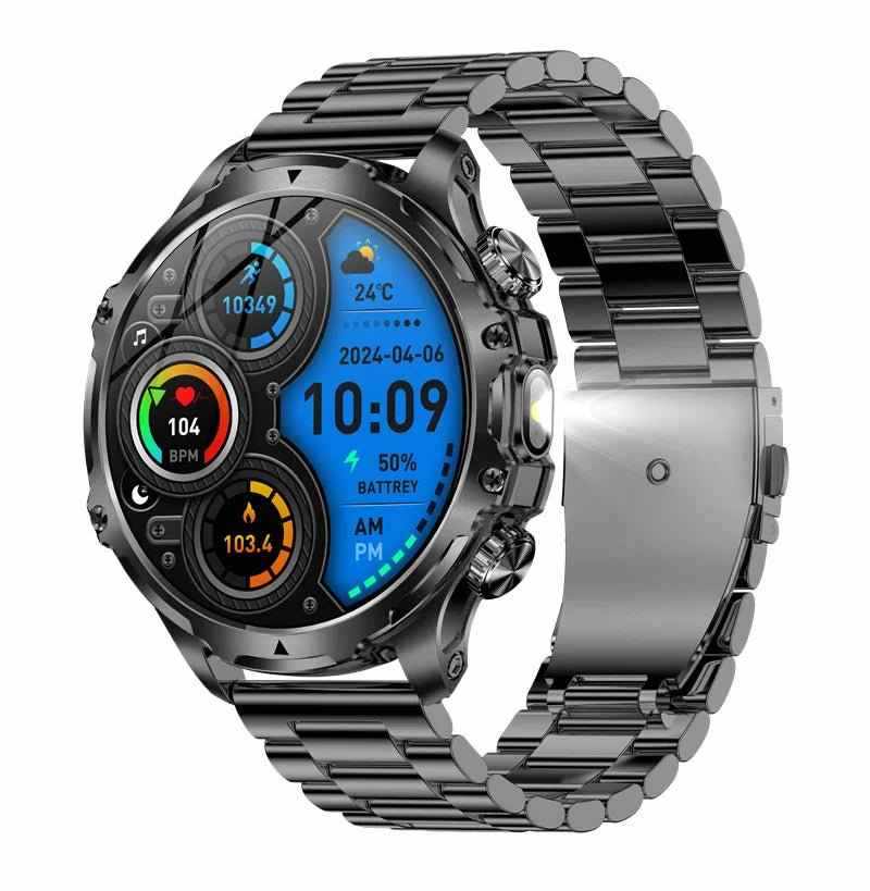 Tactical smartwatch with fitness tracking, Bluetooth calling, built-in LED flashlight, and durable metal band.