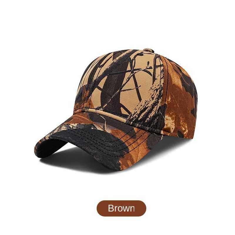 Brown camouflage baseball cap with large curved brim and adjustable strap for men and women outdoor sun protection