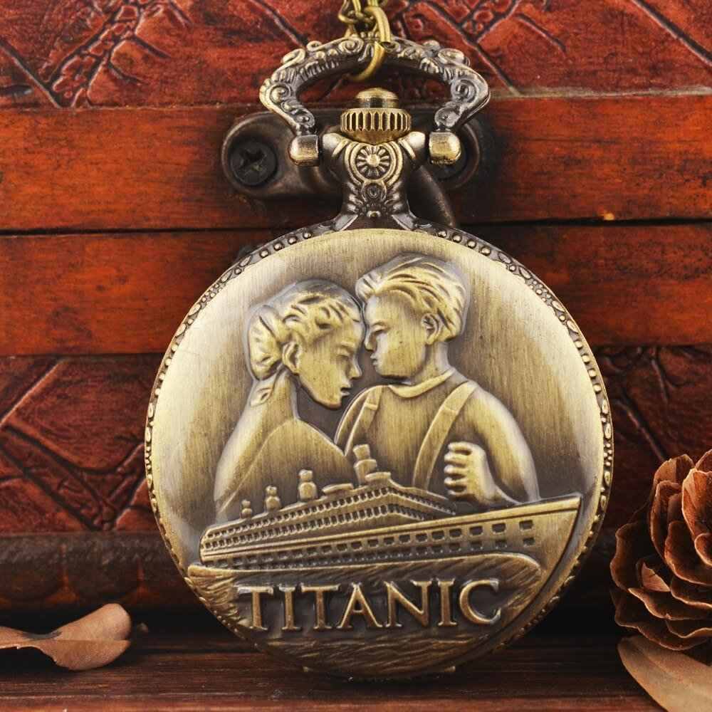Vintage bronze pocket watch with Titanic embossed design and chain, steampunk style quartz timepiece