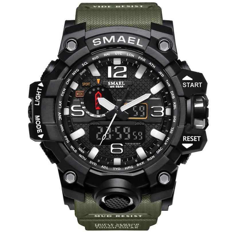 digital led sports watch with green strap black rugged case waterproof and backlight display