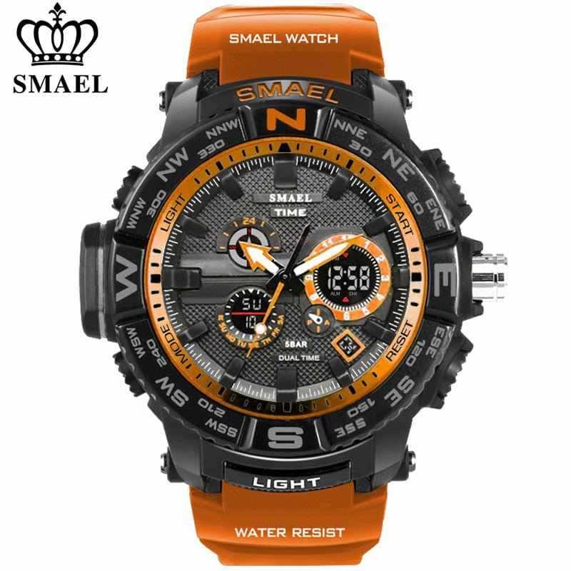 SMAEL sports watch with dual LED digital analog display, orange strap, 30M waterproof, and compass bezel
