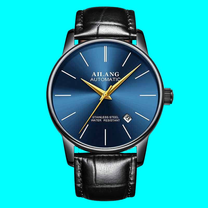 Men's automatic mechanical watch with blue dial, gold hands, black leather strap, and stainless steel case