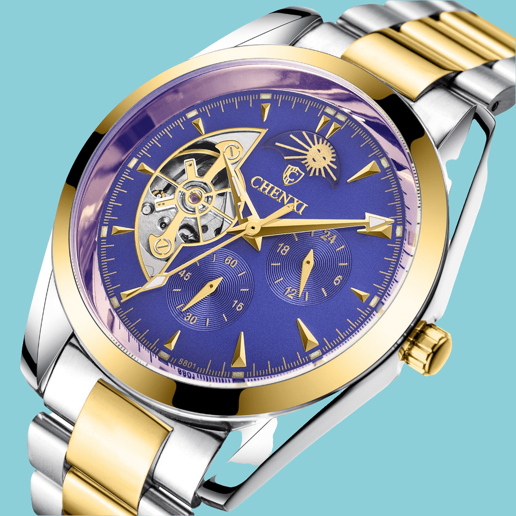 Premium business mechanical watch with automatic self-winding movement, gold and silver stainless steel band, blue dial, and scratch-resistant crystal luxury timepiece