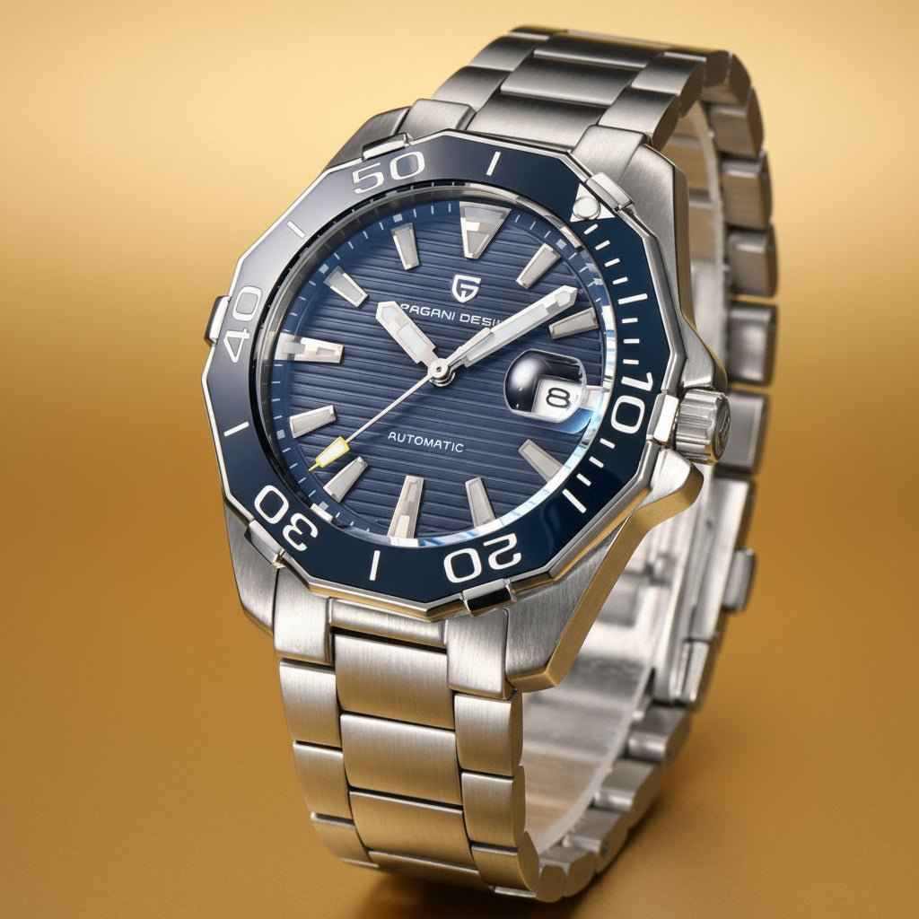 Premium stainless steel mechanical watch with blue dial and waterproof design