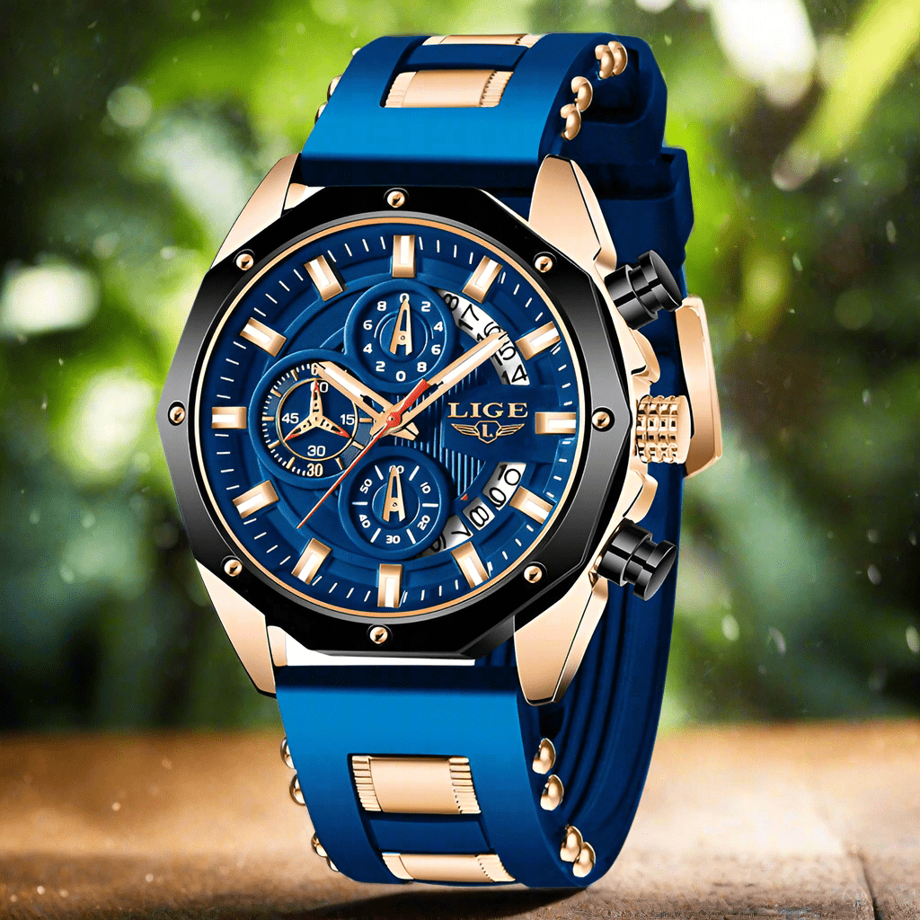 Men's sport watch with blue silicone band, waterproof quartz chronograph and gold-tone accents