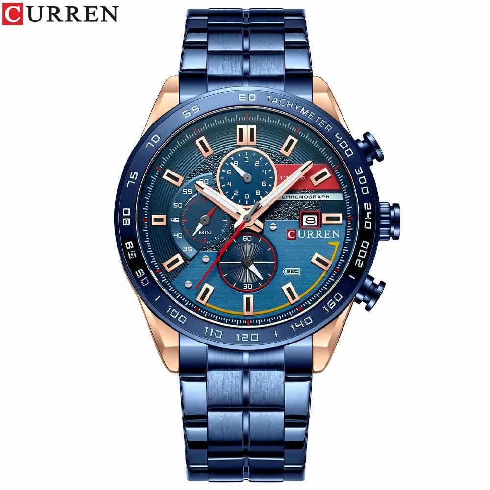 Blue stainless steel business watch with round dial and calendar display