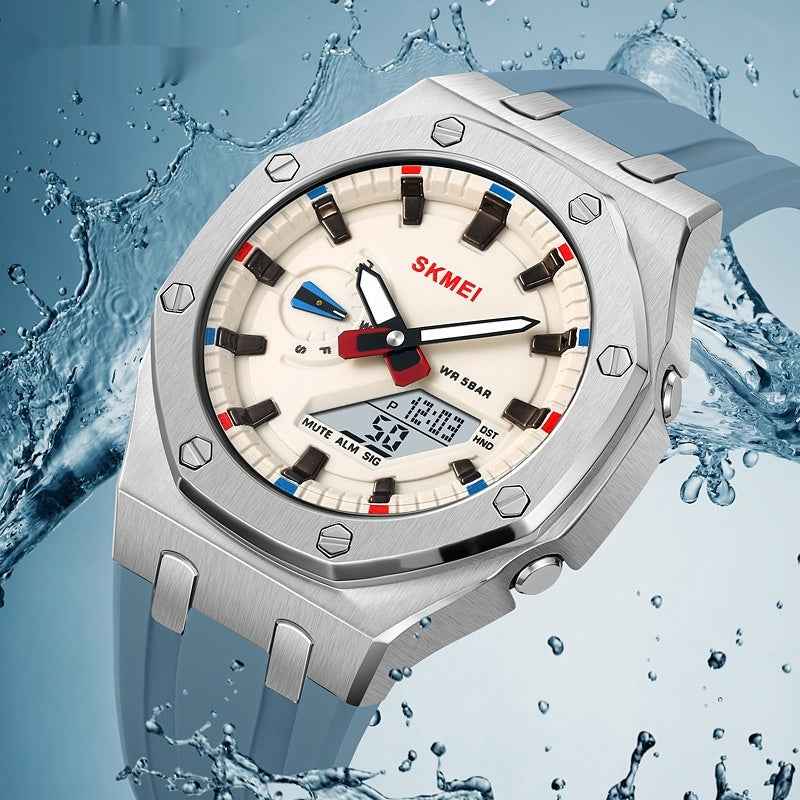 Waterproof tactical sports watch with LED luminous display and durable silicone strap submerged in water