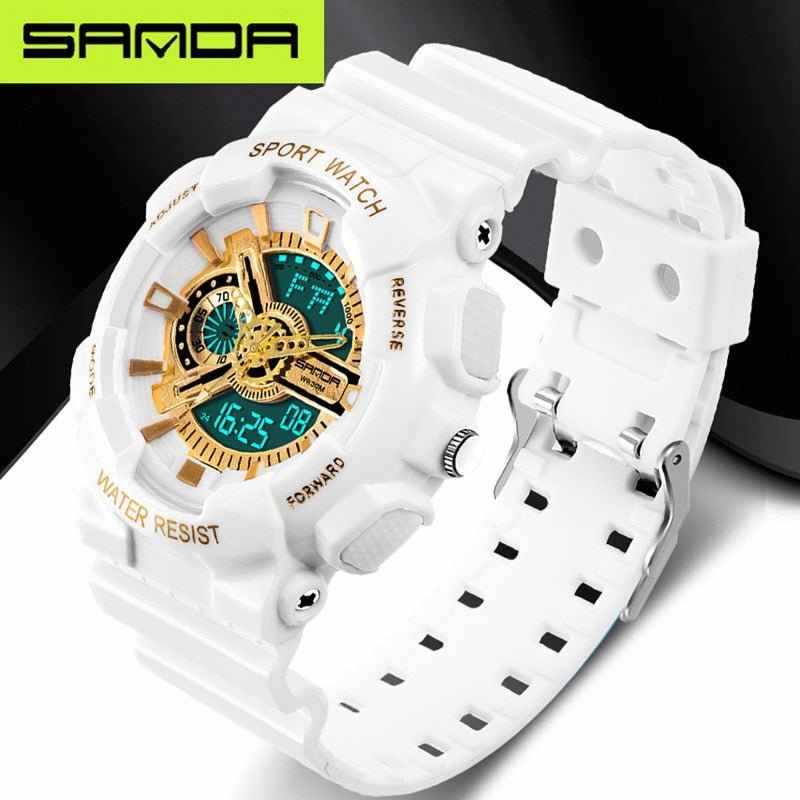 White military tactical digital watch with LED display, waterproof and sport design