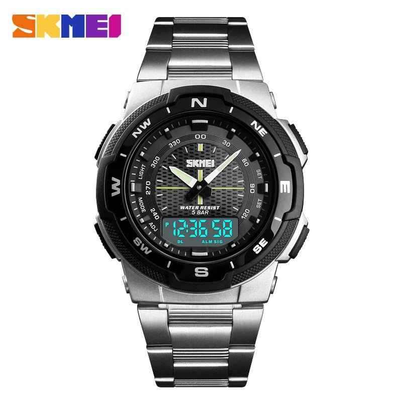 SKMEI men watch with stainless steel strap, digital and analog display, waterproof and sports features