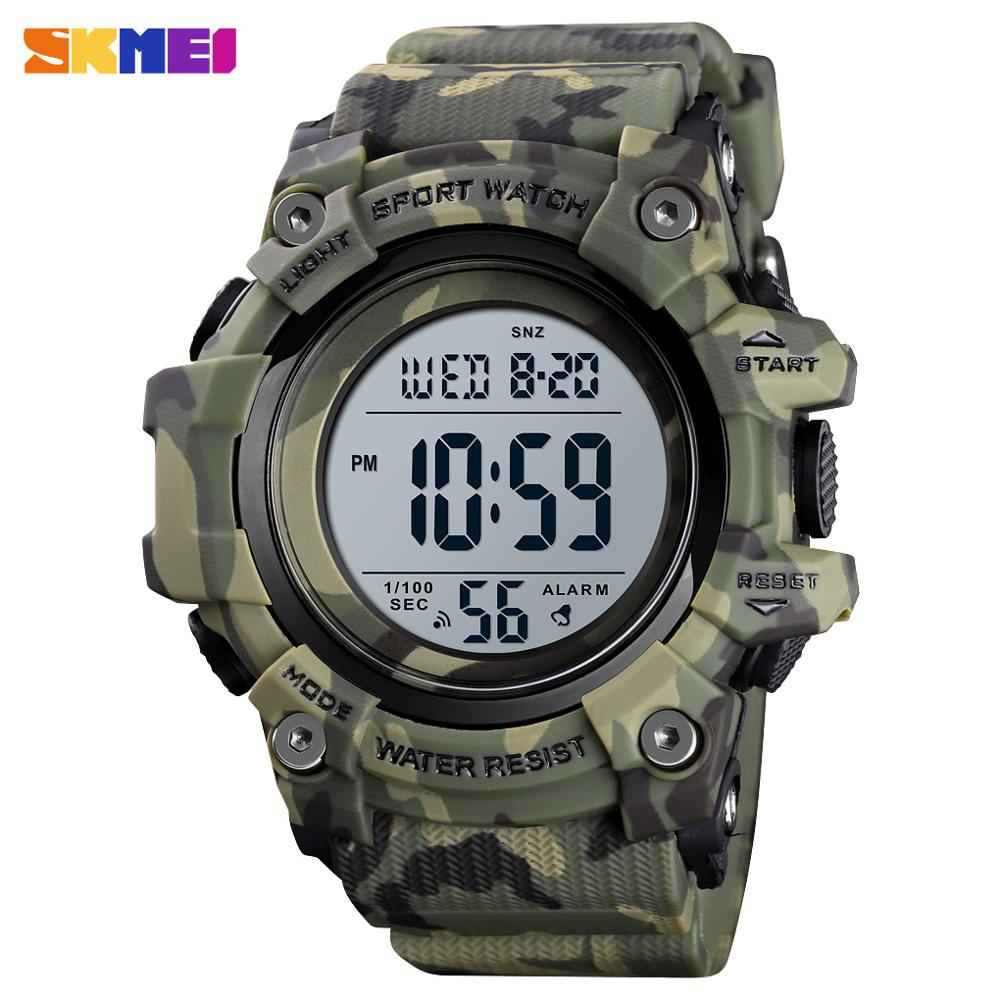 Camouflage military sport watch with digital display, 50 bar waterproof, stopwatch, countdown timer, and durable PU strap.