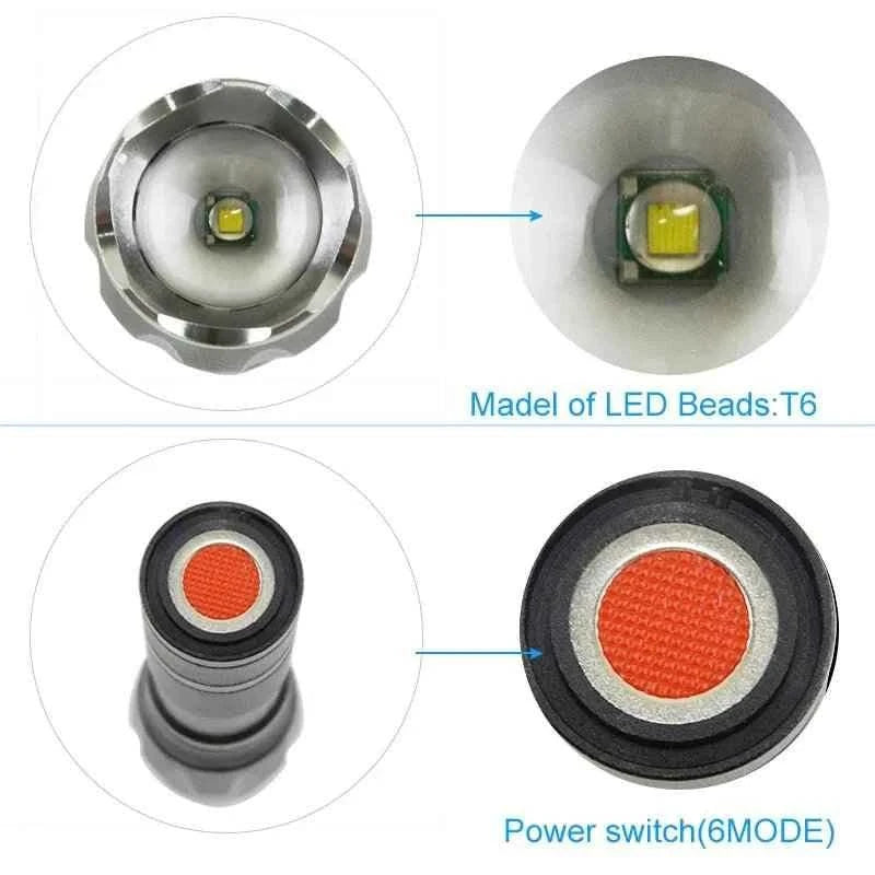 T6 Tactical Flashlight 1000 Lumens Zoom able IPX6 Waterproof Handheld Flashlight With Hidden COB Lighting