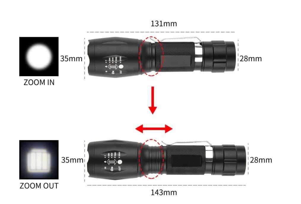 T6 Tactical flashlight with zoomable LED beam, compact black waterproof handheld design, 1000 lumens brightness.