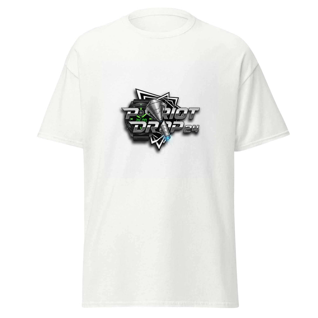 White men's or women's tee with Patriot Drop 24 logo, 100% cotton heavyweight fabric, layered streetwear style