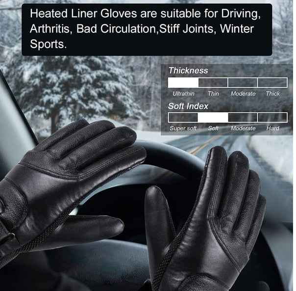 Black USB heated gloves worn while driving, featuring windproof, water-resistant design for winter sports and cold weather conditions